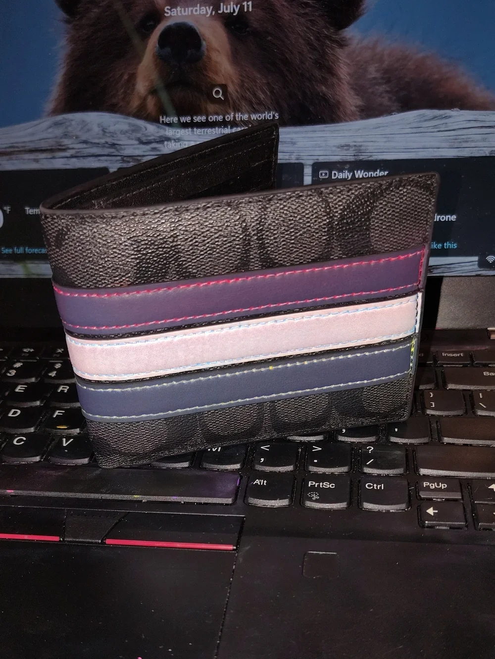 Coach Men’s Bifold Wallet with Pink, Navy and Light Pink Stripes